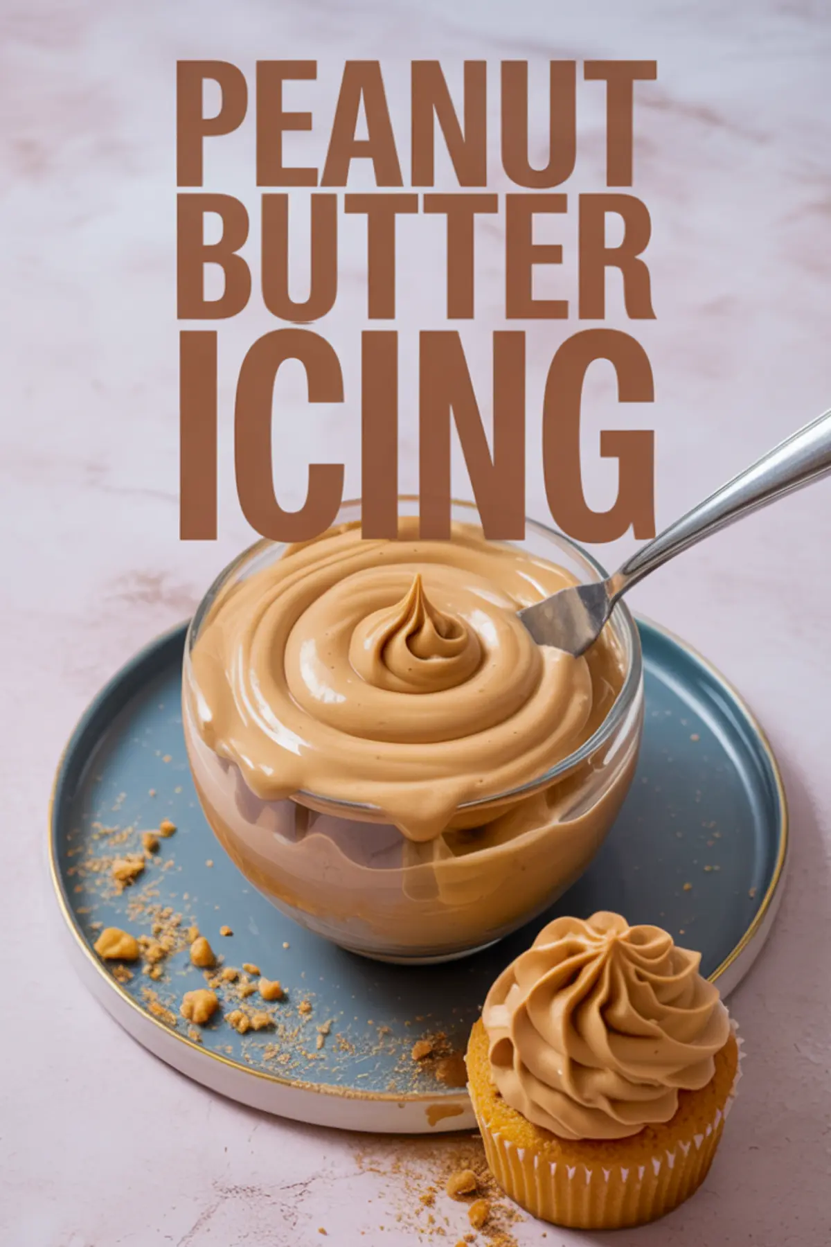 Collage showing a glass bowl of smooth peanut butter icing with a swirl tip in the center and a cupcake topped with matching frosting below, with text overlay “Peanut Butter Icing.”