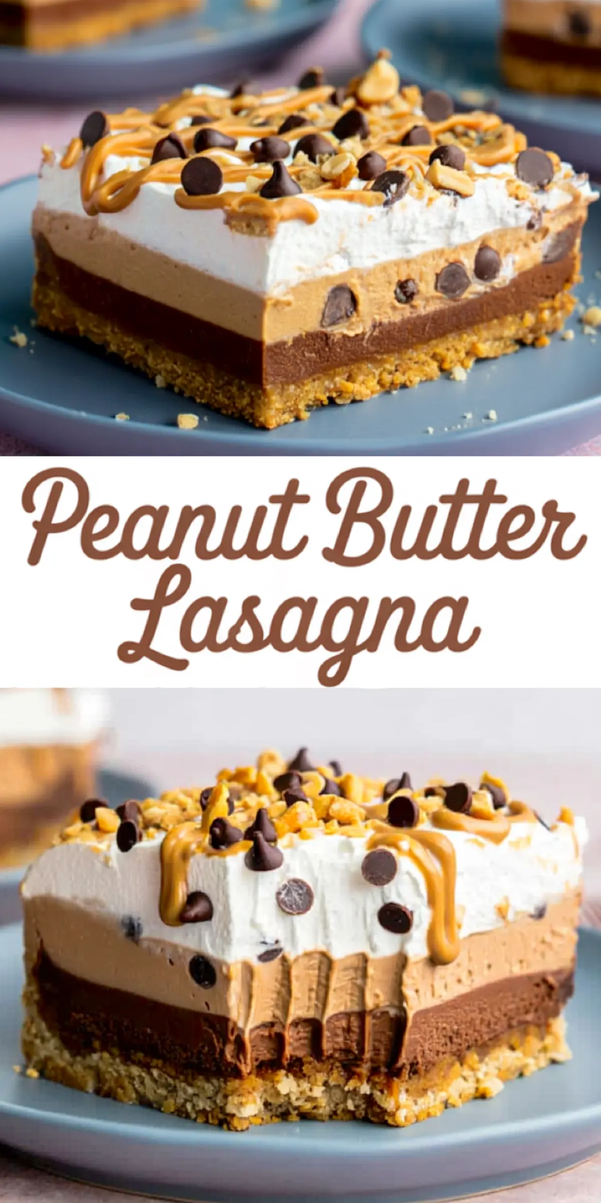 This no bake Nutter Butter Lasagna Dessert features soft-set layers of chocolate, peanut butter cream, and whipped topping with a cookie crust.