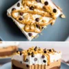 A top and side view collage of a creamy peanut butter lasagna slice with distinct layers of chocolate, peanut butter filling, and whipped topping garnished with chocolate chips and chopped nuts.