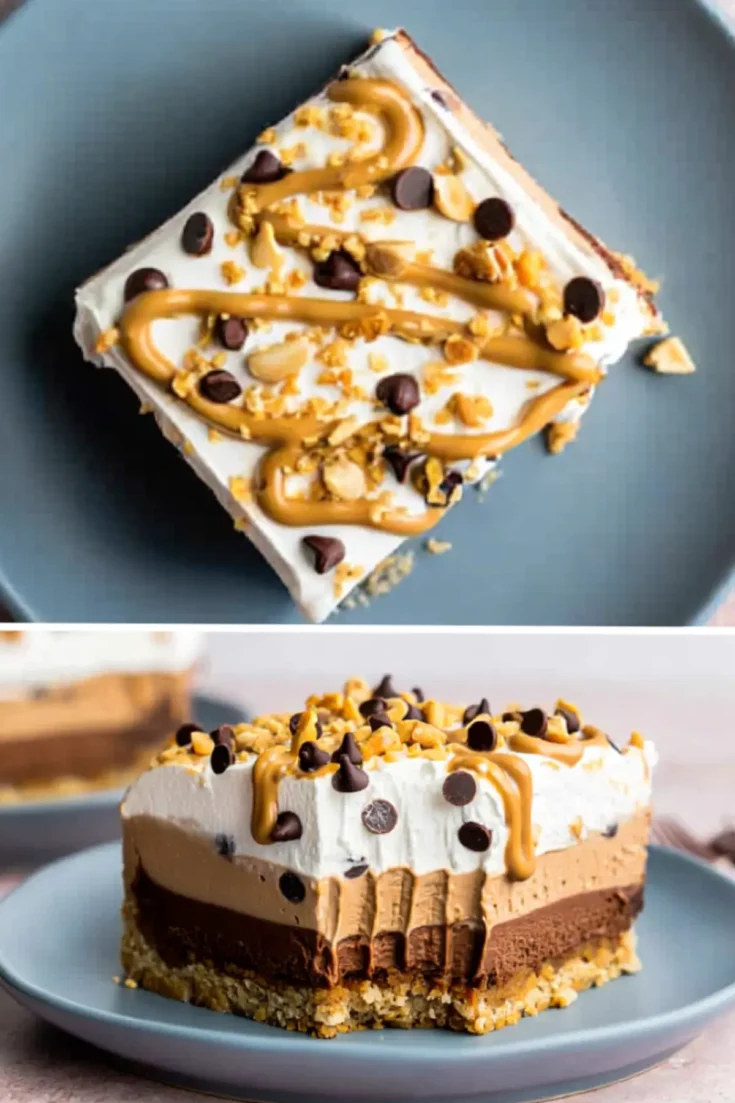 A top and side view collage of a creamy peanut butter lasagna slice with distinct layers of chocolate, peanut butter filling, and whipped topping garnished with chocolate chips and chopped nuts.