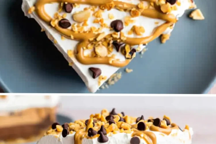 A top and side view collage of a creamy peanut butter lasagna slice with distinct layers of chocolate, peanut butter filling, and whipped topping garnished with chocolate chips and chopped nuts.