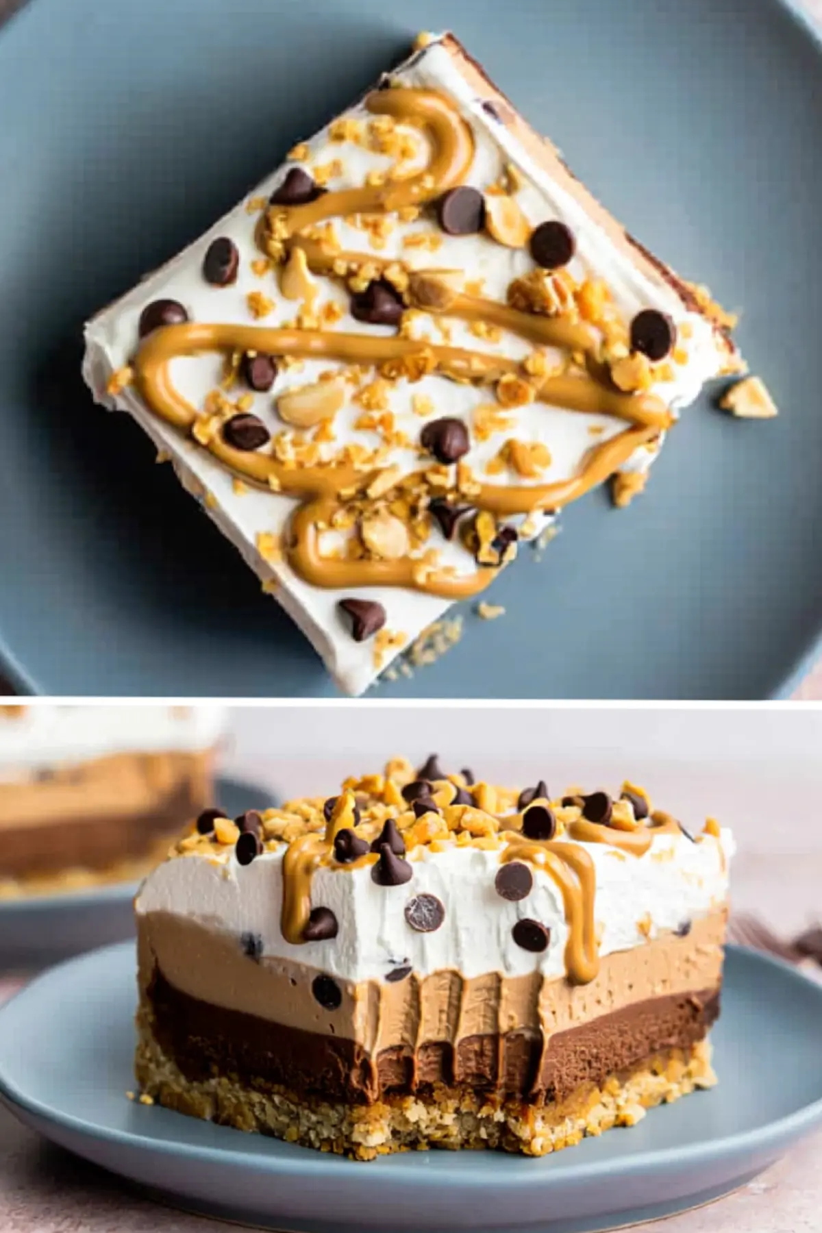 A top and side view collage of a creamy peanut butter lasagna slice with distinct layers of chocolate, peanut butter filling, and whipped topping garnished with chocolate chips and chopped nuts.