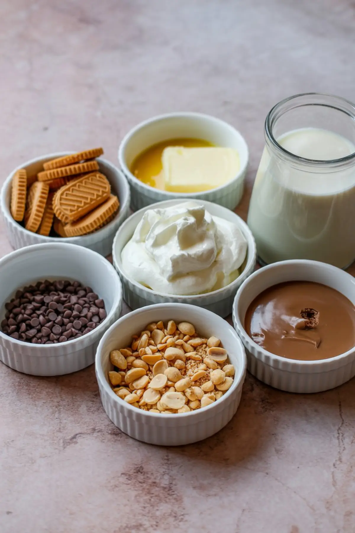 Assorted dessert ingredients in white ramekins, including sandwich cookies, melted butter, whipped topping, chocolate chips, peanuts, peanut butter, and a glass jar of milk.