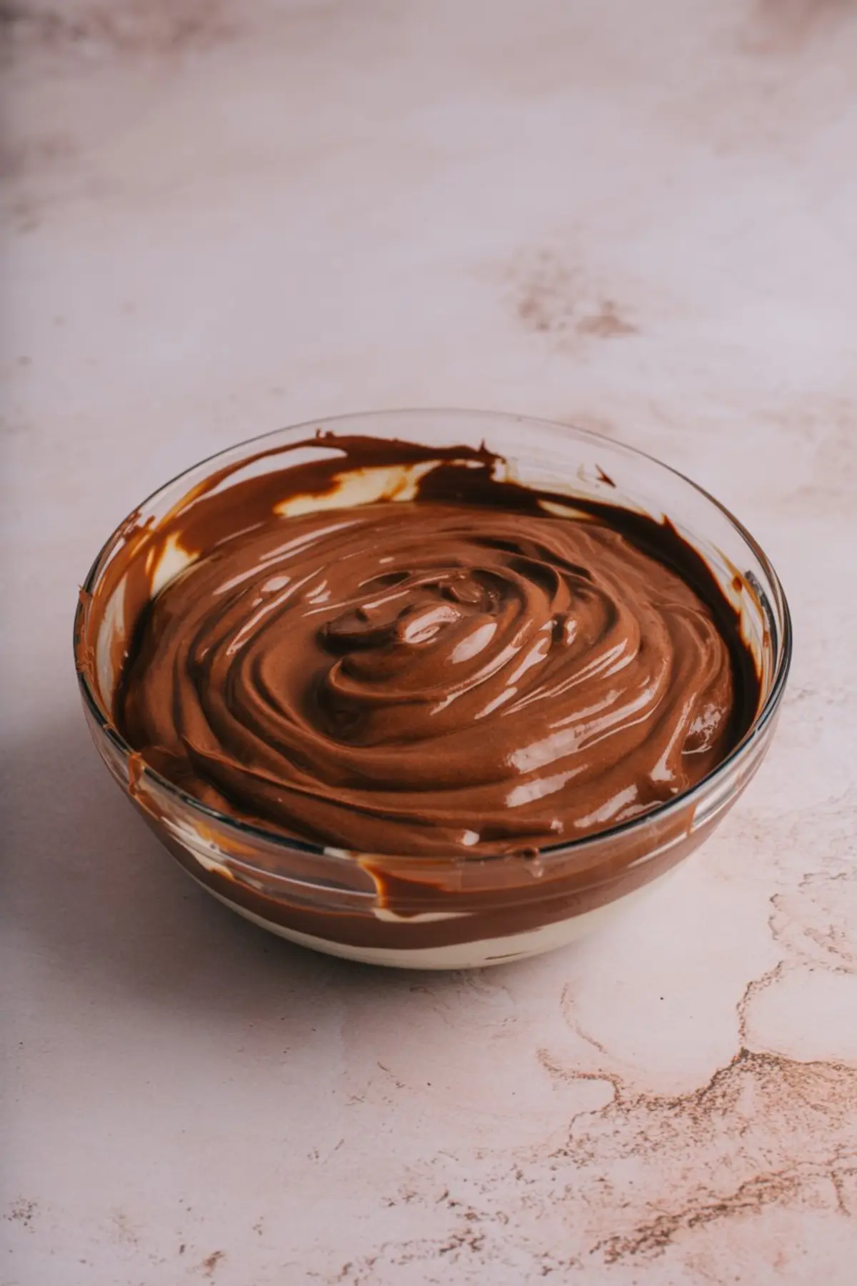 A glass bowl filled with a swirled chocolate and cream mixture on a light marble surface, showing a rich dessert filling.