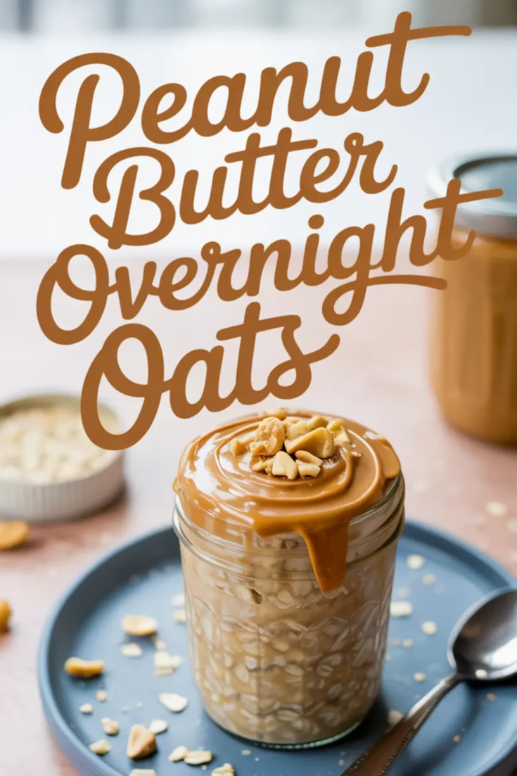 Jar of peanut butter overnight oats topped with creamy peanut butter and crushed peanuts, styled on a blue plate with scattered oats and a spoon on a pink surface.