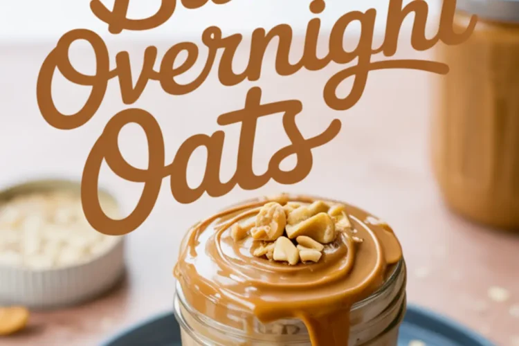 Jar of peanut butter overnight oats topped with creamy peanut butter and crushed peanuts, styled on a blue plate with scattered oats and a spoon on a pink surface.