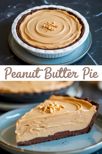Collage image with top view of a peanut butter pie in a white fluted dish and close-up of a single slice on a blue plate, labeled “Peanut Butter Pie”.