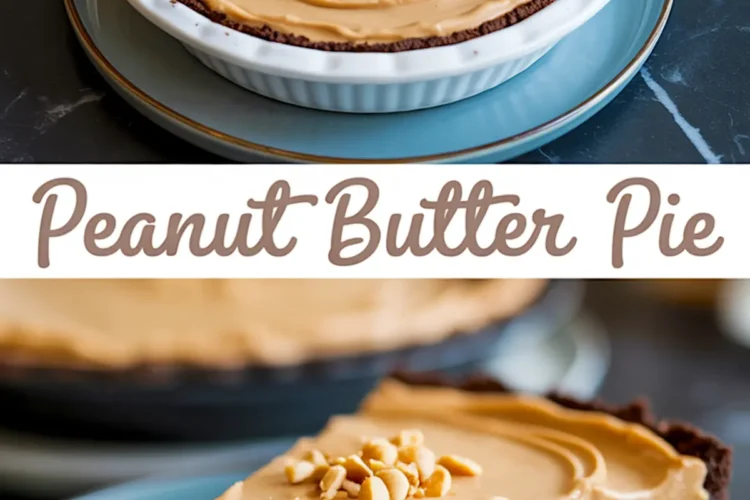 Collage image with top view of a peanut butter pie in a white fluted dish and close-up of a single slice on a blue plate, labeled “Peanut Butter Pie”.