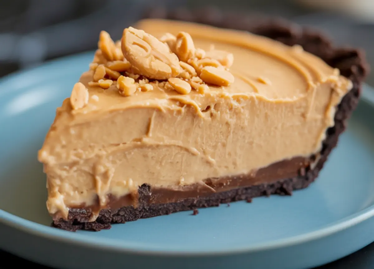 Close-up of a peanut butter pie slice on a blue plate, featuring a thick peanut butter filling, dark chocolate cookie crust, and sprinkled chopped peanuts.