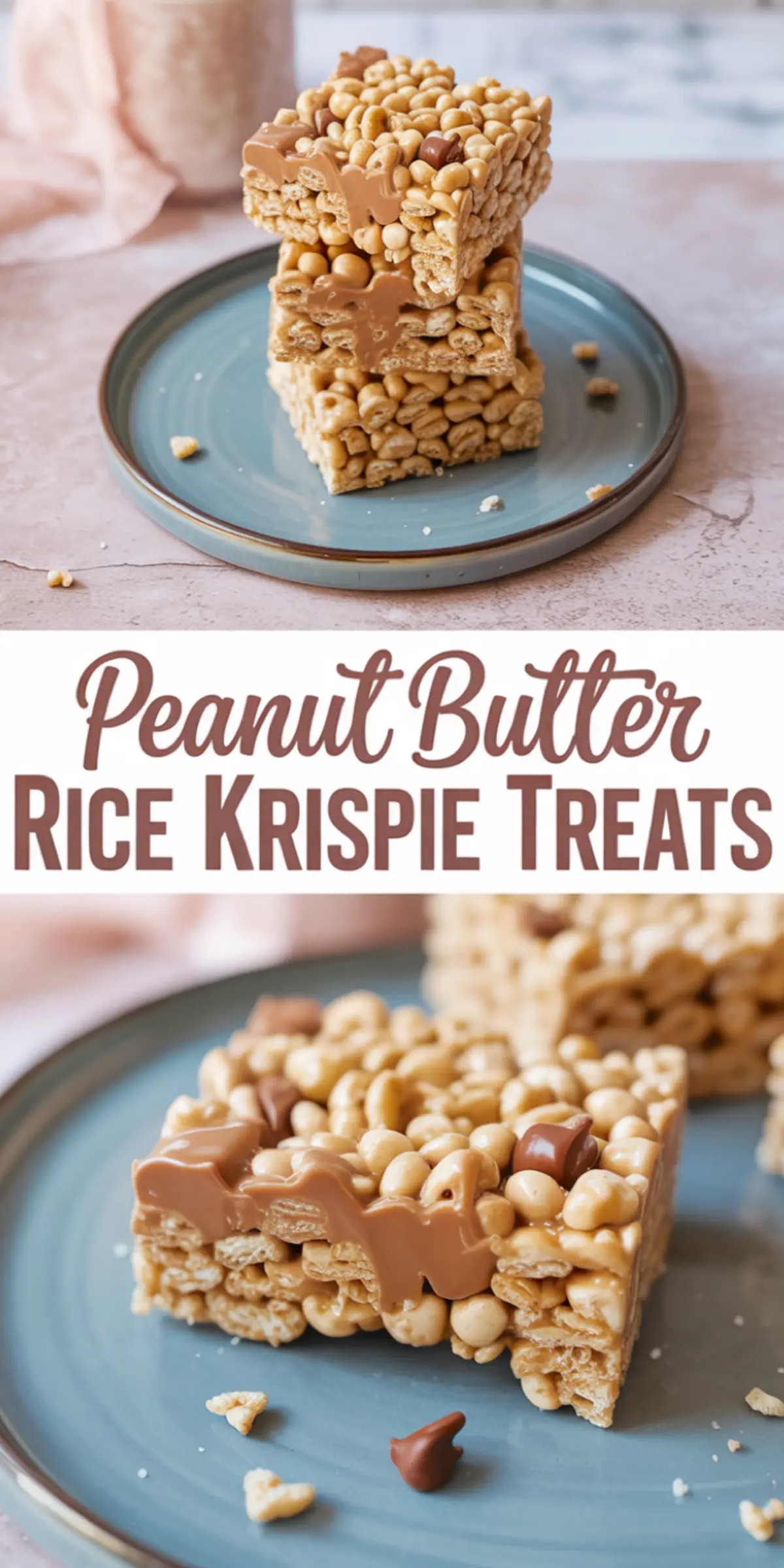 Stacked peanut butter Rice Krispie treats drizzled with melted chocolate, served on a blue plate with a text overlay reading “Peanut Butter Rice Krispie Treats.”