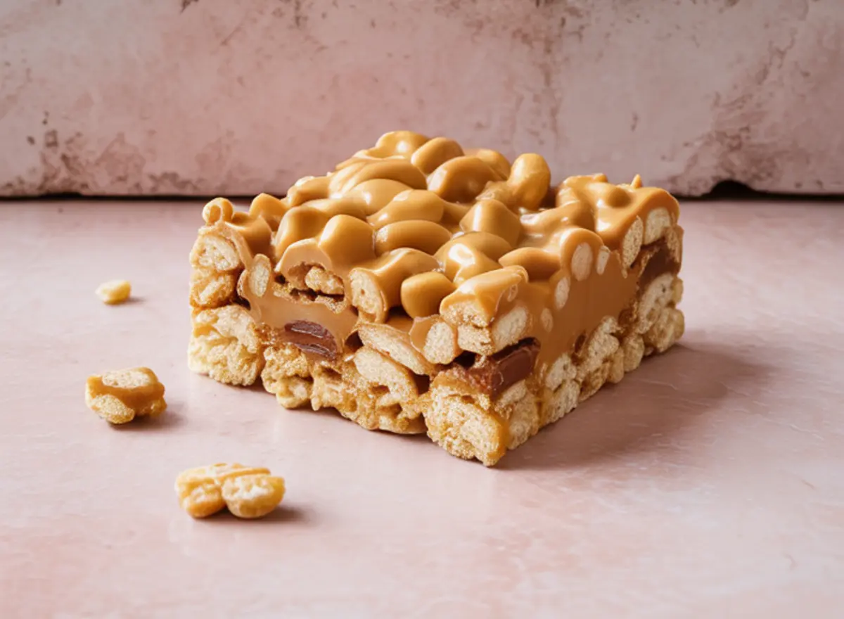Close-up of a single peanut butter Rice Krispie treat square filled with chocolate pieces and topped with a smooth peanut butter coating on a pink background.