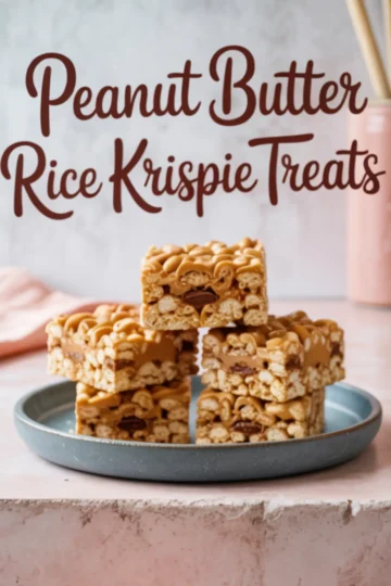 Stack of peanut butter Rice Krispie treats on a blue plate, layered with melted chocolate and topped with a peanut butter drizzle, with text in the background reading “Peanut Butter Rice Krispie Treats.”