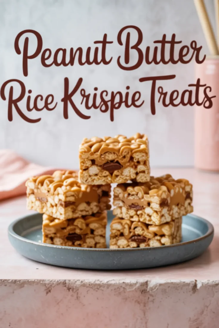 Stack of peanut butter Rice Krispie treats on a blue plate, layered with melted chocolate and topped with a peanut butter drizzle, with text in the background reading “Peanut Butter Rice Krispie Treats.”