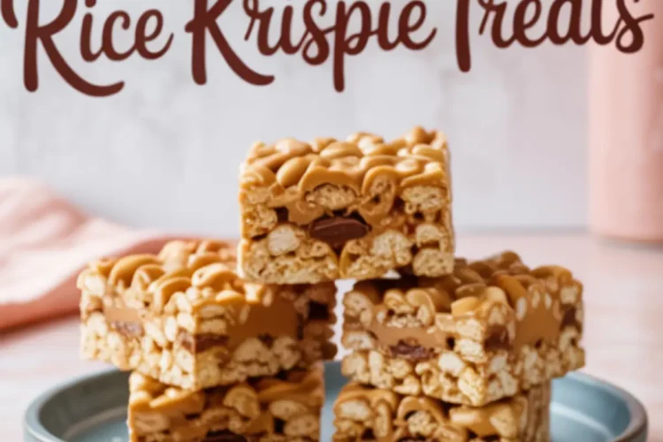 Stack of peanut butter Rice Krispie treats on a blue plate, layered with melted chocolate and topped with a peanut butter drizzle, with text in the background reading “Peanut Butter Rice Krispie Treats.”
