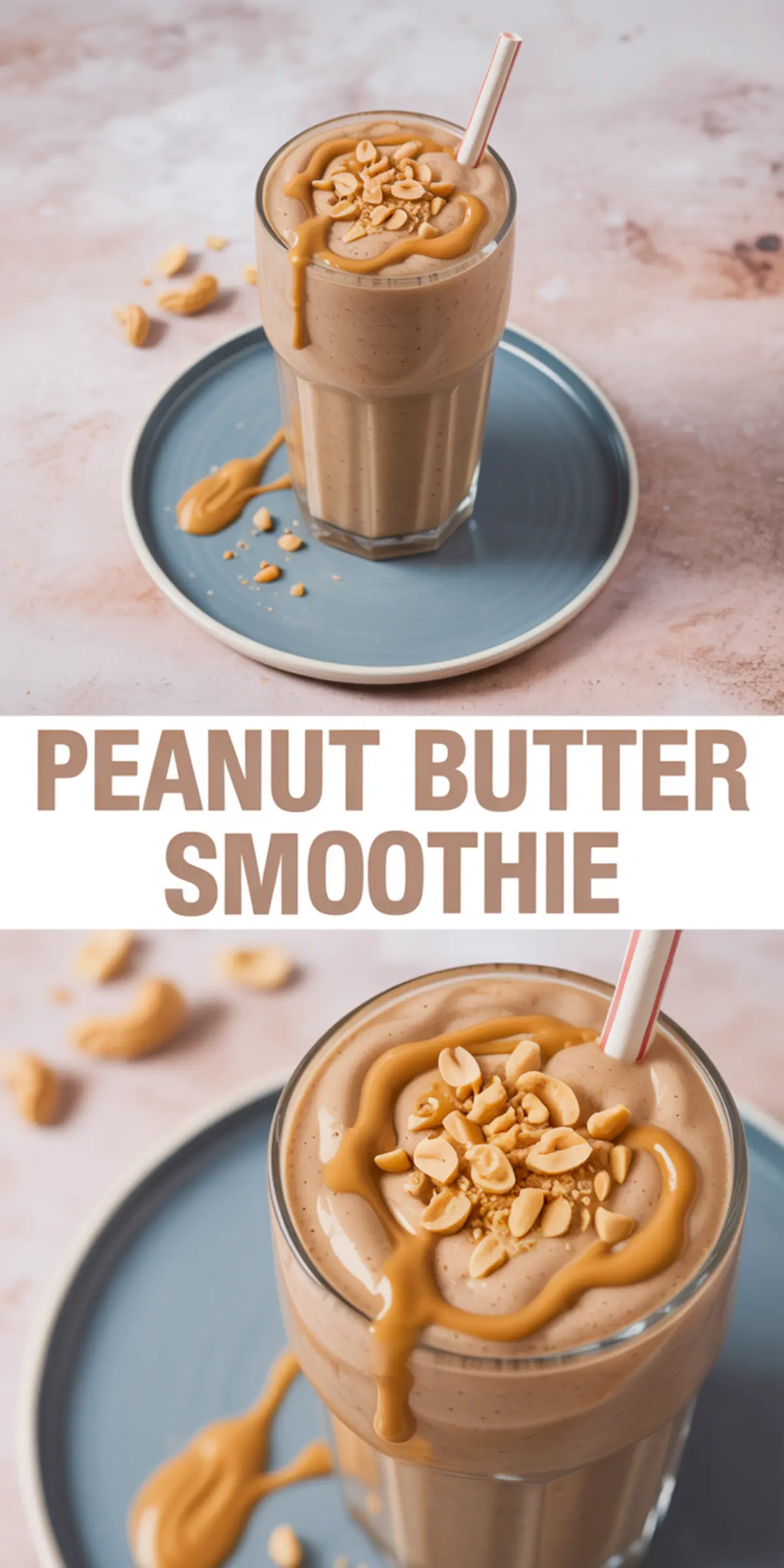 Glass of thick peanut butter smoothie topped with chopped peanuts and drizzled peanut butter, served with a straw on a blue plate.