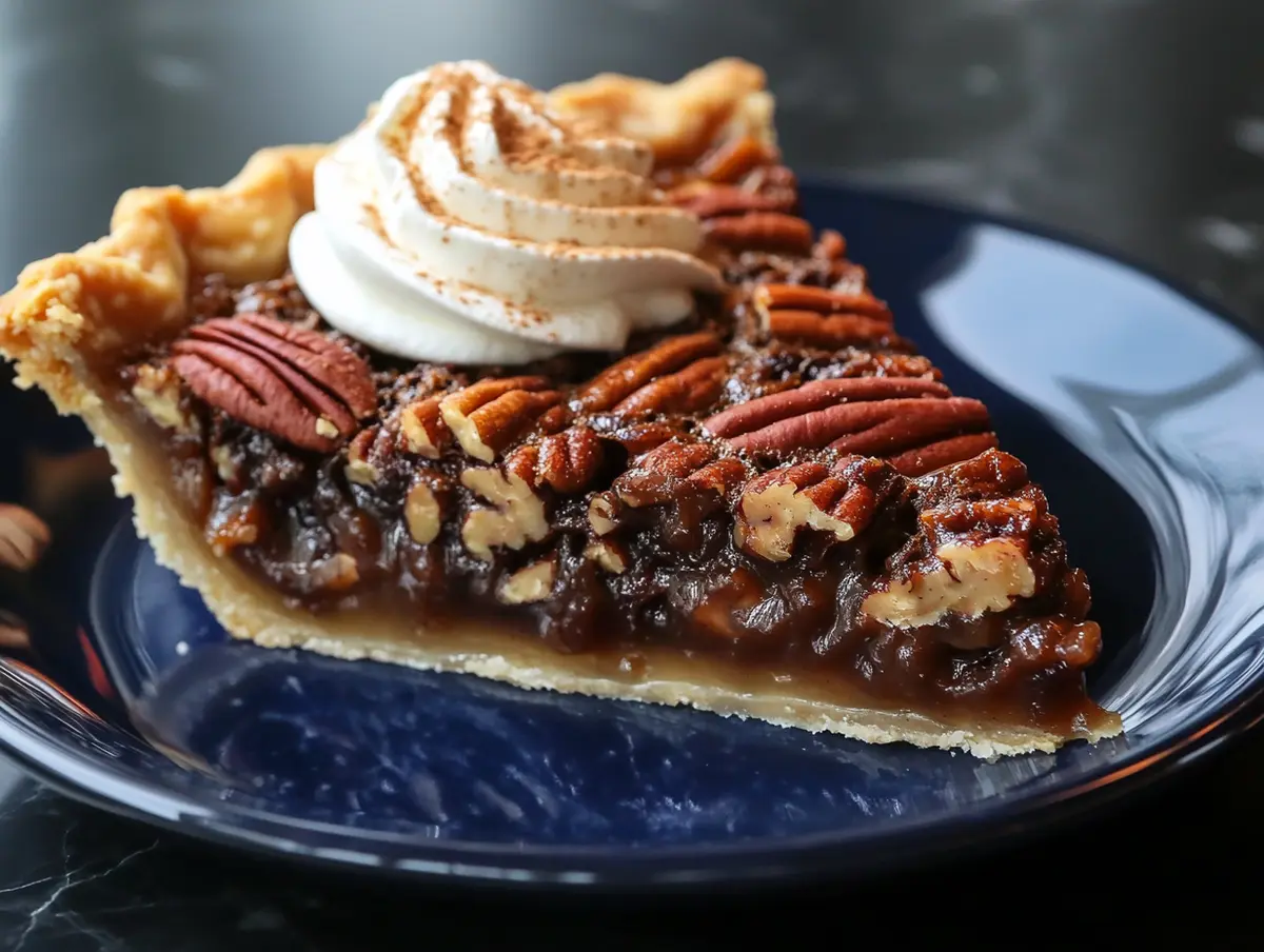 Close-up of a pecan pie slice on a blue plate, filled with rich caramelized filling and whole pecans, topped with cinnamon-dusted whipped cream.