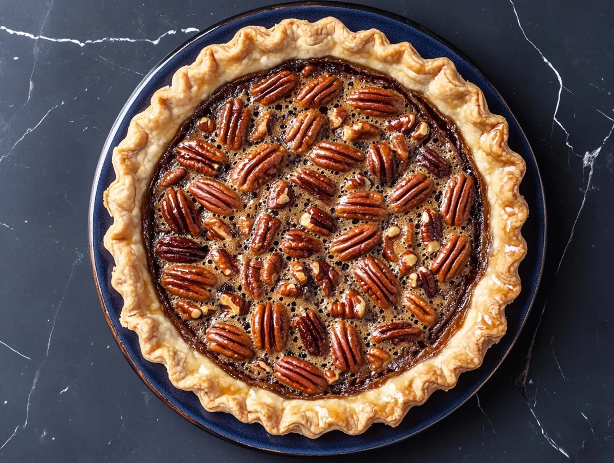 Top view of a whole baked pecan pie in a golden crust, filled with glossy brown sugar filling and decorated with toasted whole pecans in a circular pattern.