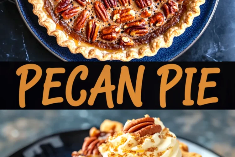 Pinterest-friendly vertical graphic displaying a baked pecan pie and a close-up of a glossy pecan-topped slice with whipped cream, separated by a bold “PECAN PIE” title in tan lettering.
