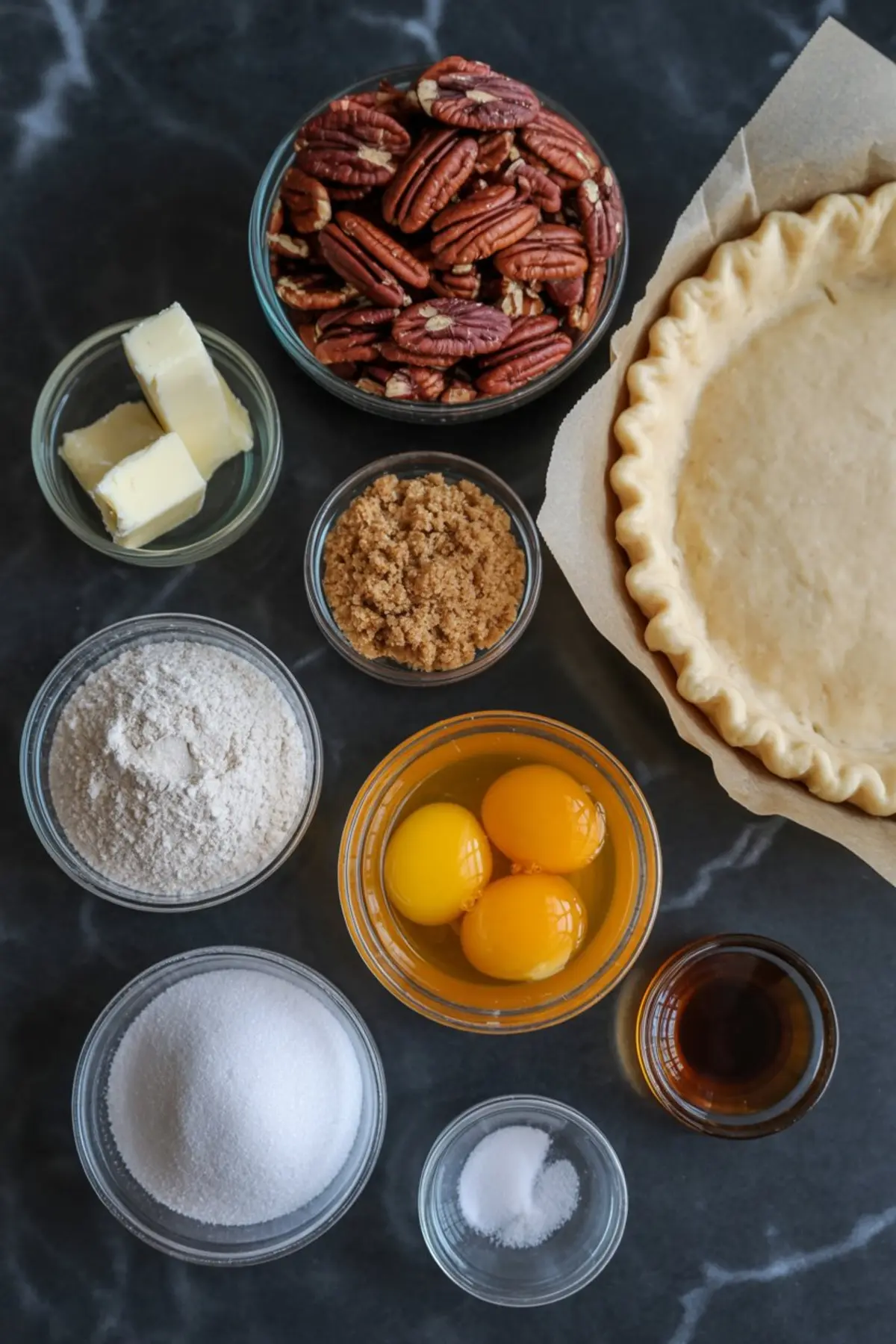Flat lay of pecan pie ingredients on a dark marble countertop, including whole pecans, brown sugar, white sugar, flour, eggs, butter, salt, vanilla extract, and an unbaked pie crust in a parchment-lined pan.