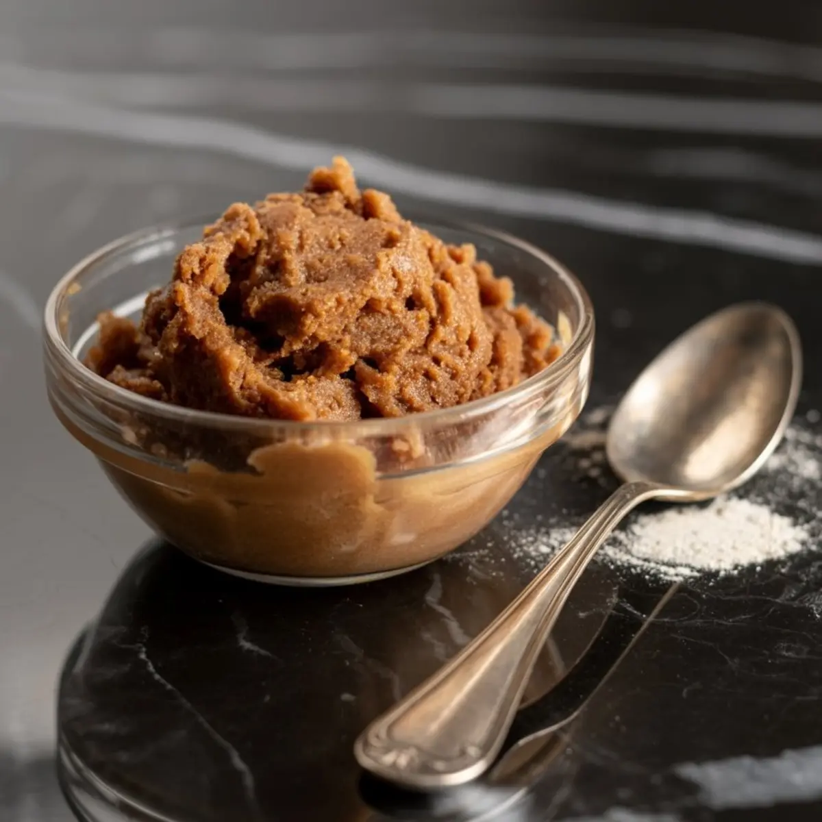 Glass bowl filled with thick brown sugar filling mixture placed beside a silver spoon on a black marble surface, prepared for pecan pie dessert.