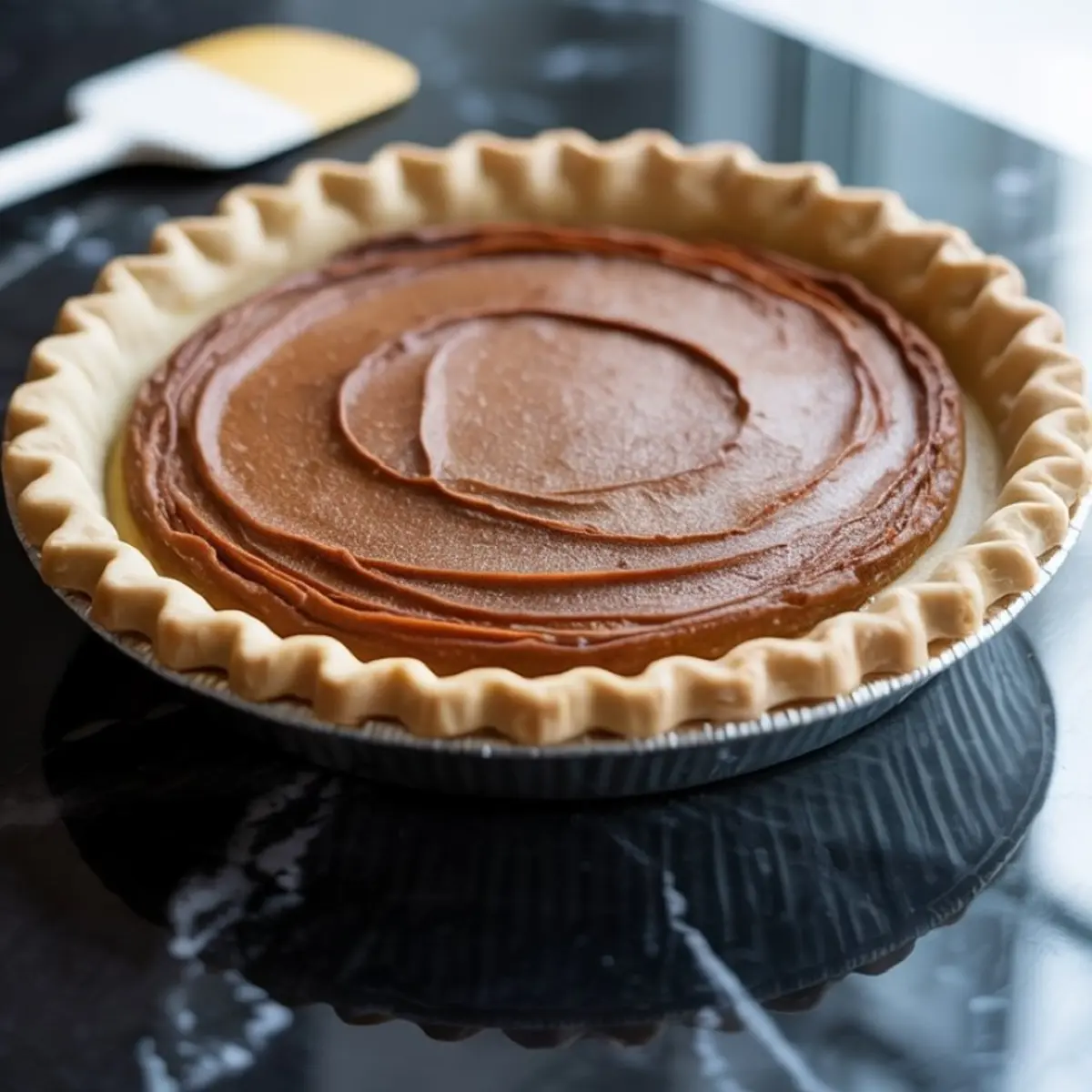 Unbaked pecan pie in a crimped pie crust tin, filled with smooth brown sugar mixture swirled evenly, sitting on a black marble countertop.