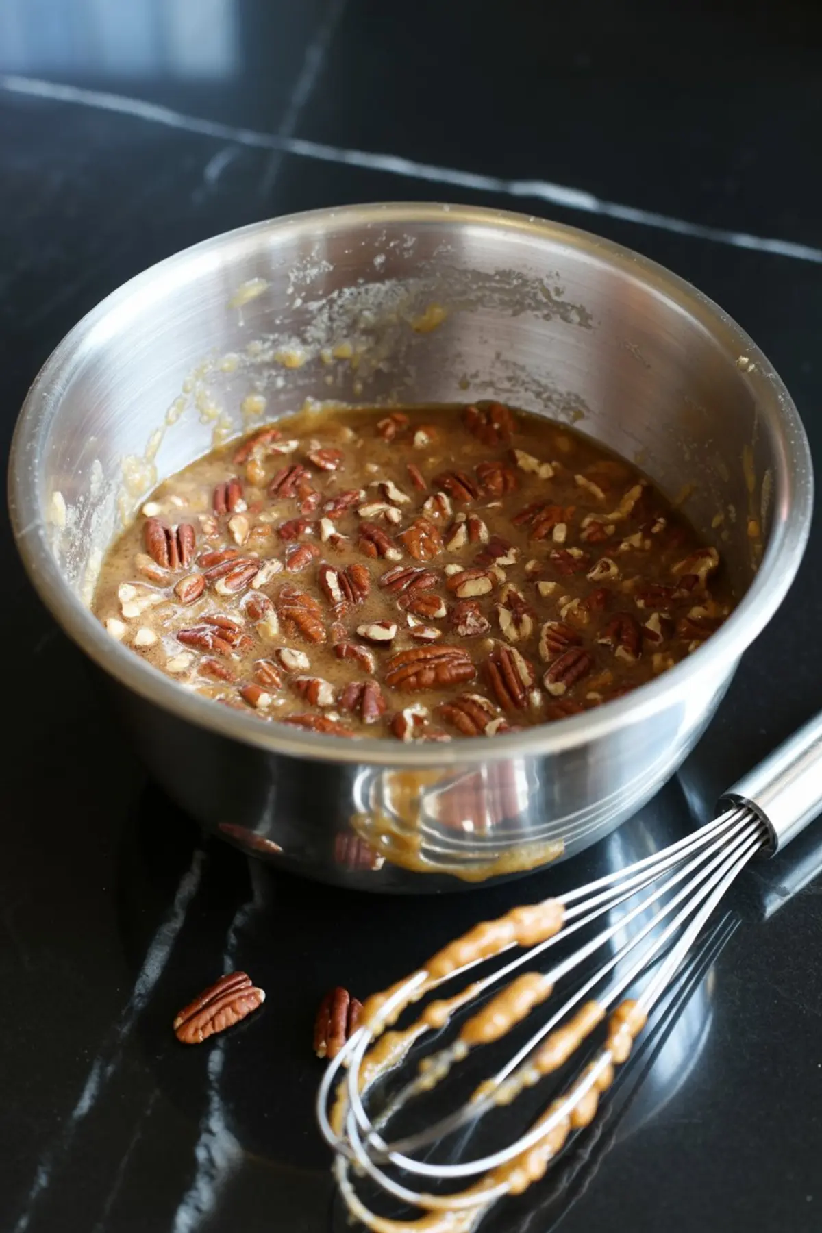 Stainless steel mixing bowl containing pecan pie filling made with whole pecans and brown sugar batter, with a whisk resting on the counter nearby.