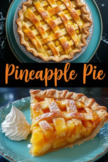 Collage image featuring a top-down view of a glossy pineapple pie with a golden-brown lattice crust above, and a slice served with whipped cream below, framed by text “Pineapple Pie.”