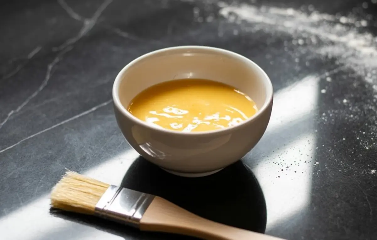 White ceramic bowl filled with egg wash placed on a dark marble countertop, next to a pastry brush used for glazing pie crusts in baking.