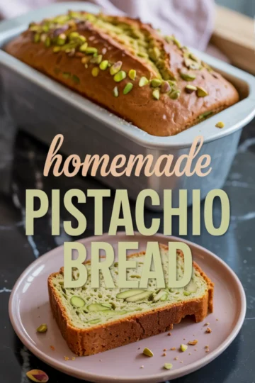 Finished loaf of golden-brown pistachio bread in a baking pan topped with chopped pistachios, with a sliced piece on a pink plate showing green nut-speckled crumb.