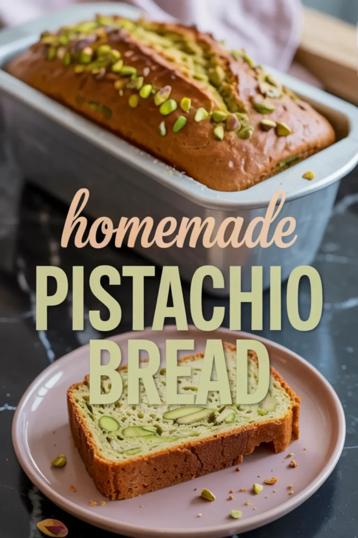 Finished loaf of golden-brown pistachio bread in a baking pan topped with chopped pistachios, with a sliced piece on a pink plate showing green nut-speckled crumb.