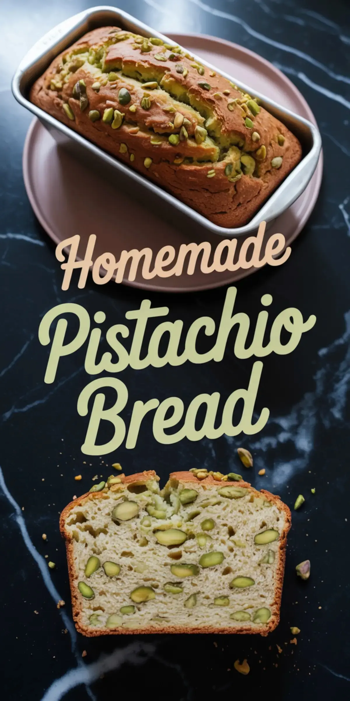 Collage image with a loaf of baked pistachio bread in a silver pan and a slice cut to show the interior texture, placed on a pink plate and dark surface, sprinkled with nuts.