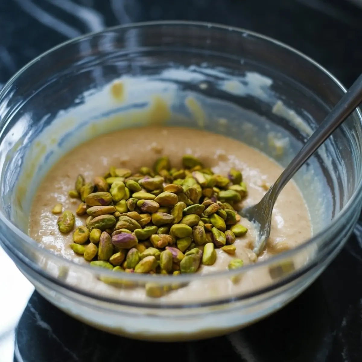 Glass bowl filled with thick pistachio batter topped with whole green pistachios, sitting on a dark marble surface with a spoon inside.