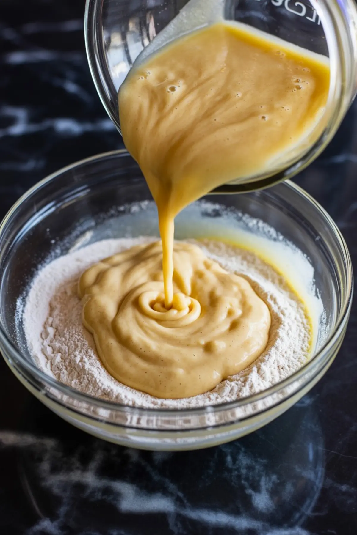 Yellow batter being poured into a bowl of flour, showing the mixing step in baking on a dark countertop.