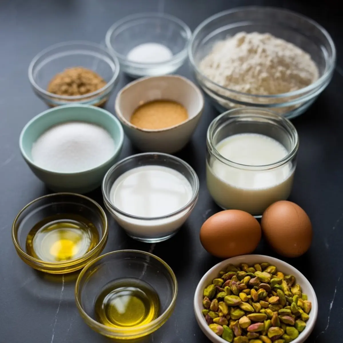 Overhead view of baking ingredients in clear and ceramic bowls including flour, sugar, brown sugar, milk, eggs, olive oil, yogurt, and shelled pistachios arranged on a black surface.