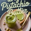 DIY pistachio butter recipe - creamy green pistachio spread in jar with gold spoon, crushed pistachios, and bread on pink ceramic plate
