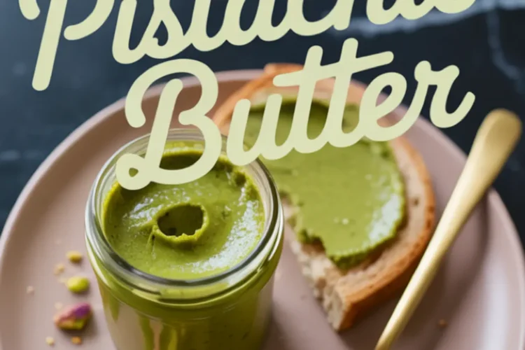 DIY pistachio butter recipe - creamy green pistachio spread in jar with gold spoon, crushed pistachios, and bread on pink ceramic plate