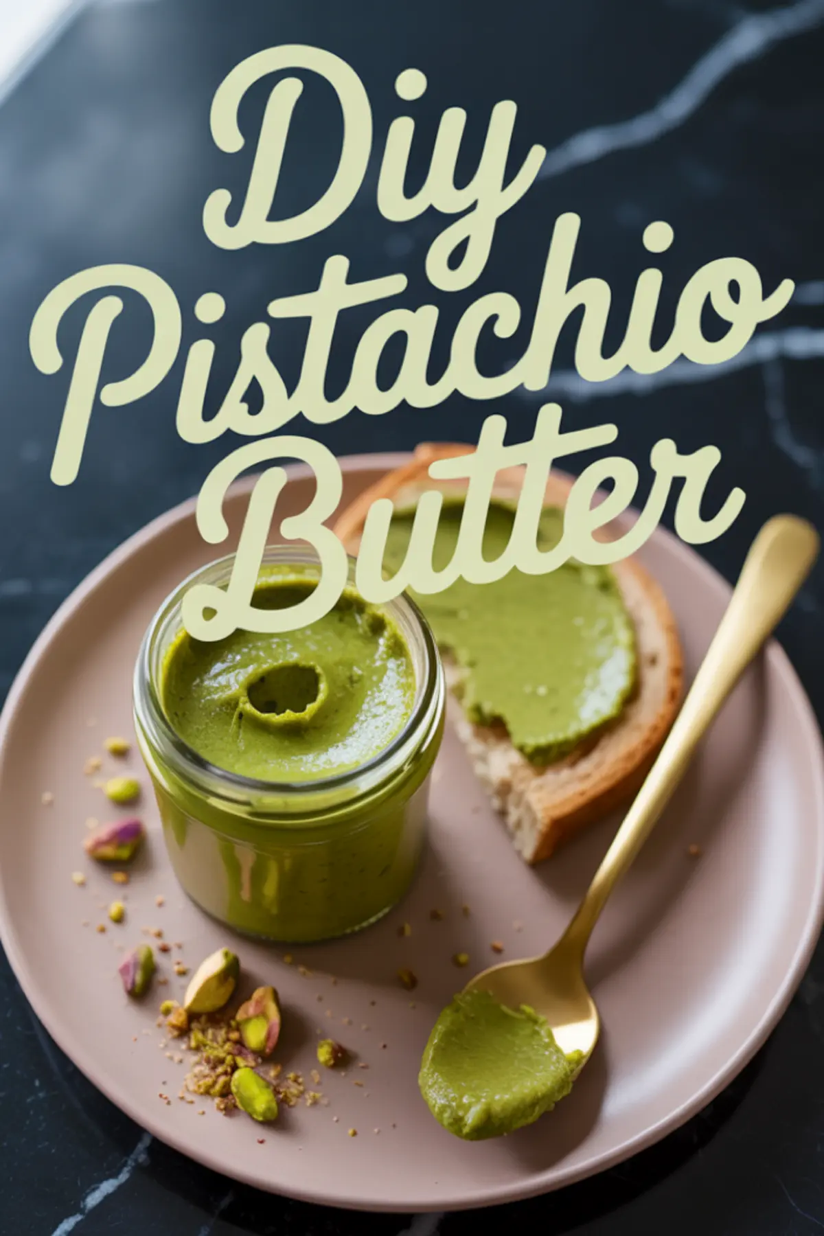 DIY pistachio butter recipe - creamy green pistachio spread in jar with gold spoon, crushed pistachios, and bread on pink ceramic plate