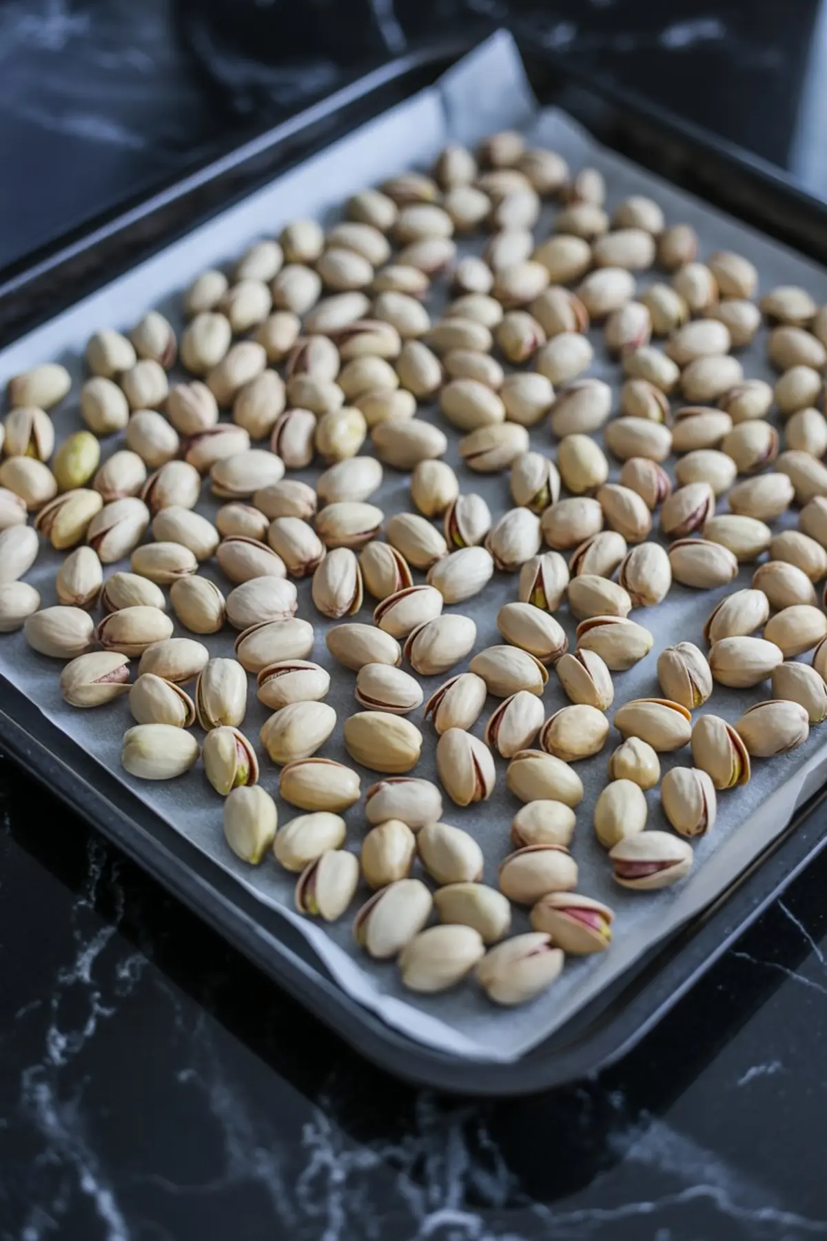 Raw pistachios spread evenly on a parchment-lined baking sheet, prepared for oven roasting on a black marble countertop.
