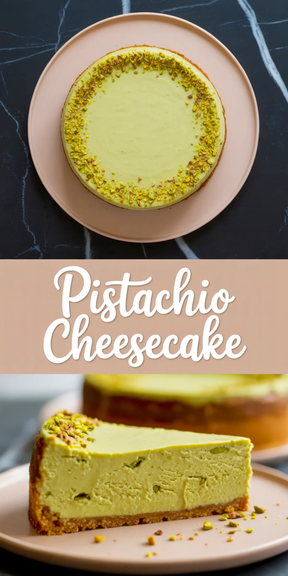 Collage with a full pistachio cheesecake topped with chopped nuts, and a close-up of a slice revealing embedded pistachio pieces and a golden crust on a pink plate.