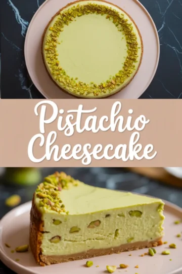 Collage displaying a whole pistachio cheesecake with a nutty topping and a side view of a slice showing creamy green filling studded with pistachios on a light pink plate.