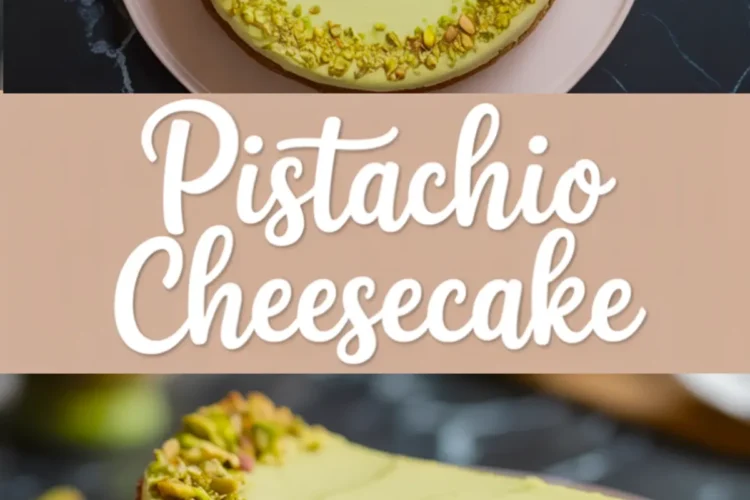 Collage displaying a whole pistachio cheesecake with a nutty topping and a side view of a slice showing creamy green filling studded with pistachios on a light pink plate.