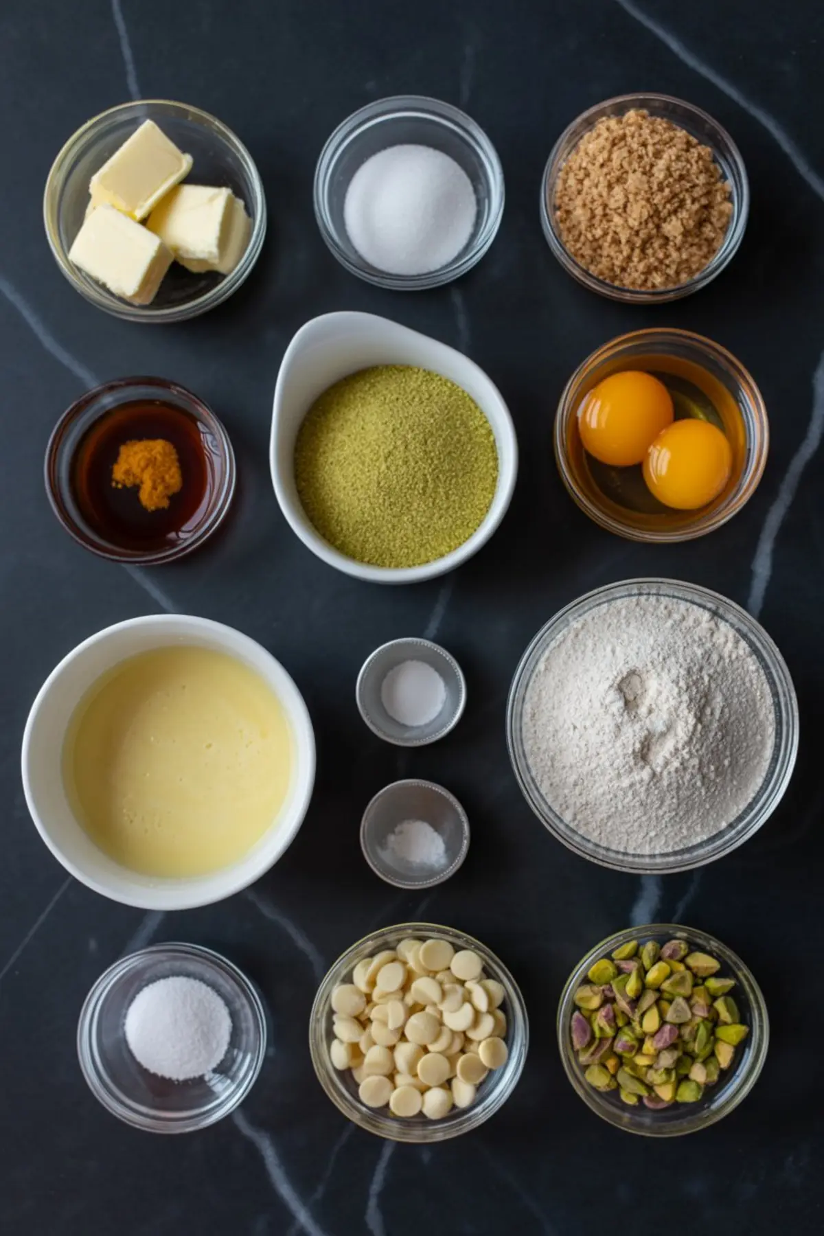 Flat lay of pistachio cheesecake ingredients on a black surface, including butter, white and brown sugar, eggs, ground pistachios, flour, white chocolate chips, chopped pistachios, condensed milk, vanilla, turmeric, and baking powders in clear bowls.