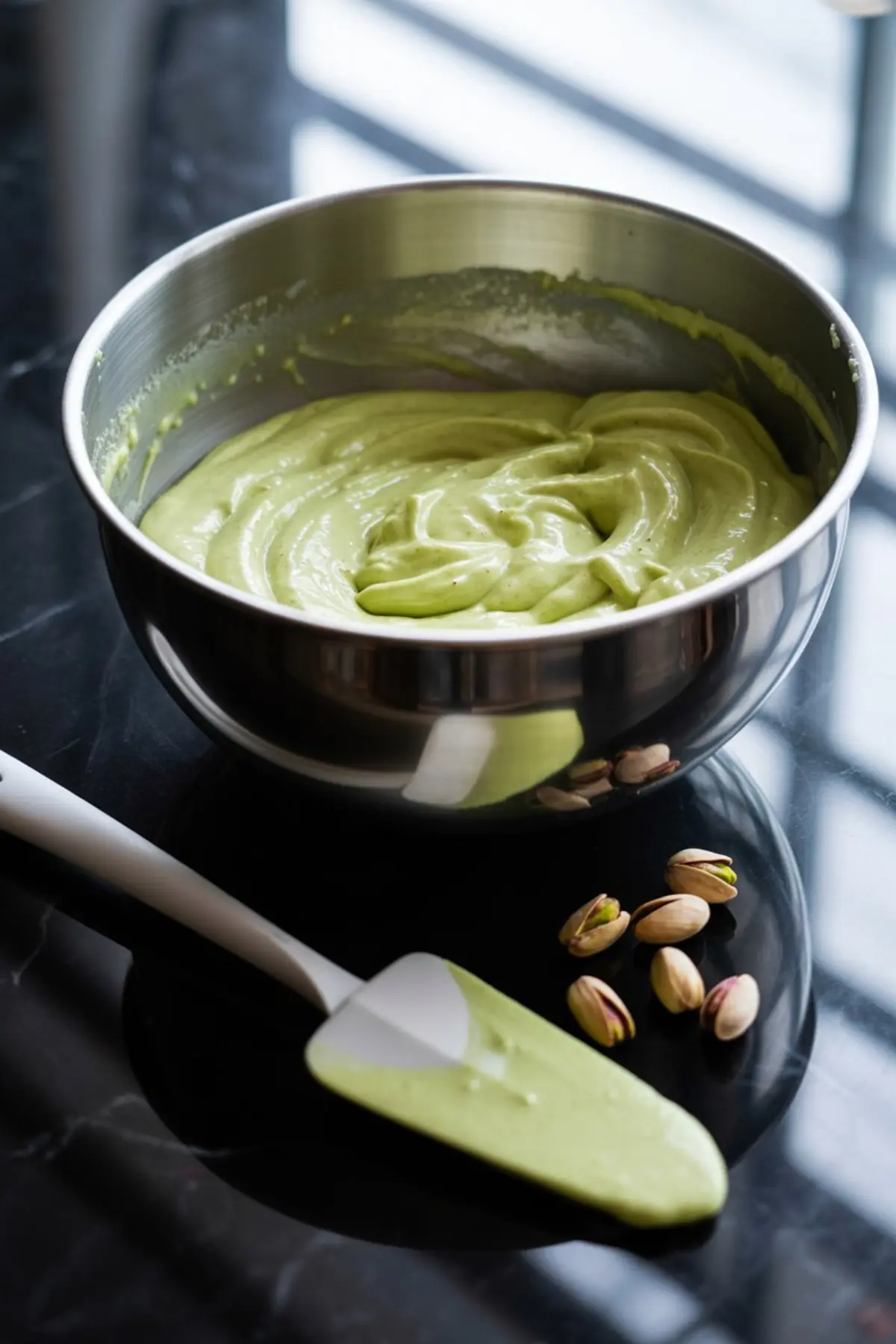 Large metal mixing bowl containing pale green pistachio cheesecake batter, with a green-tipped spatula and whole pistachios resting on a black marble surface.