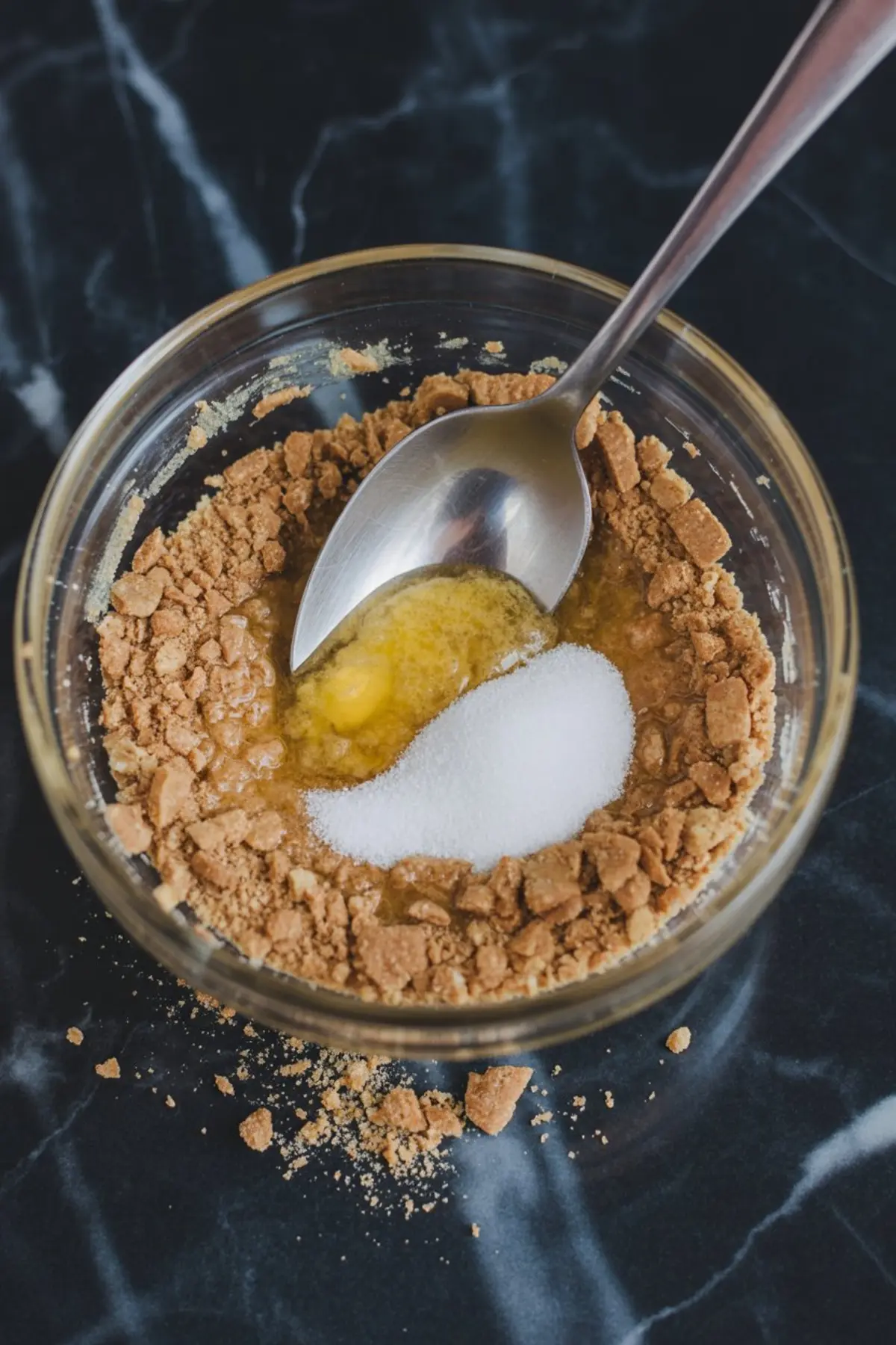 Crushed cookie crumbs mixed with melted butter and granulated sugar in a clear bowl with a spoon, forming the base for a cheesecake crust.