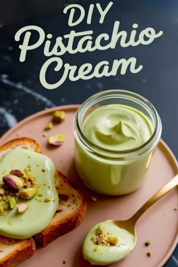 Homemade pistachio cream in a glass jar with a smooth, glossy texture, served on toasted bread and garnished with crushed pistachios, styled with a gold spoon on a pink plate.