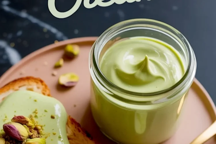 Homemade pistachio cream in a glass jar with a smooth, glossy texture, served on toasted bread and garnished with crushed pistachios, styled with a gold spoon on a pink plate.