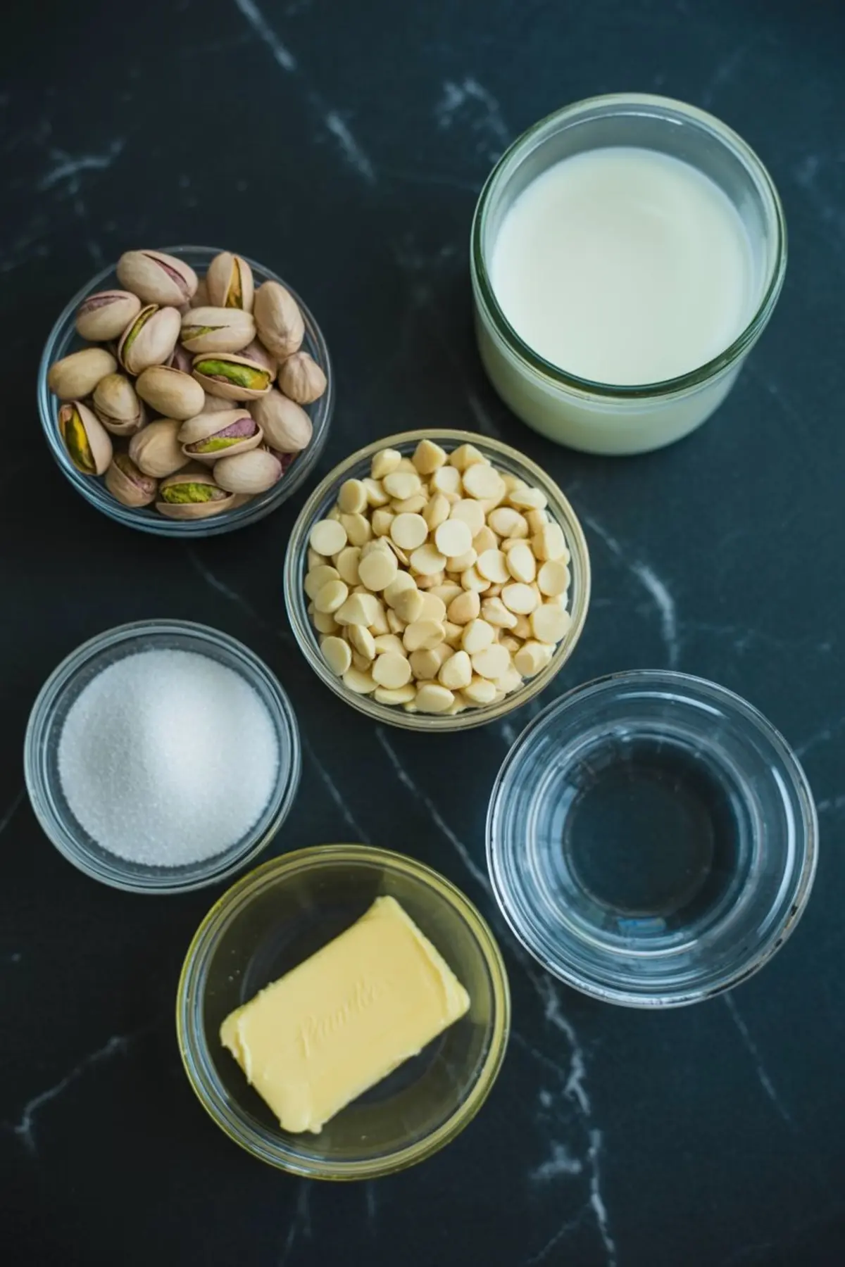Overhead view of pistachio cream ingredients arranged in glass bowls, including shelled pistachios, white chocolate chips, milk, butter, sugar, and water on a dark kitchen surface.