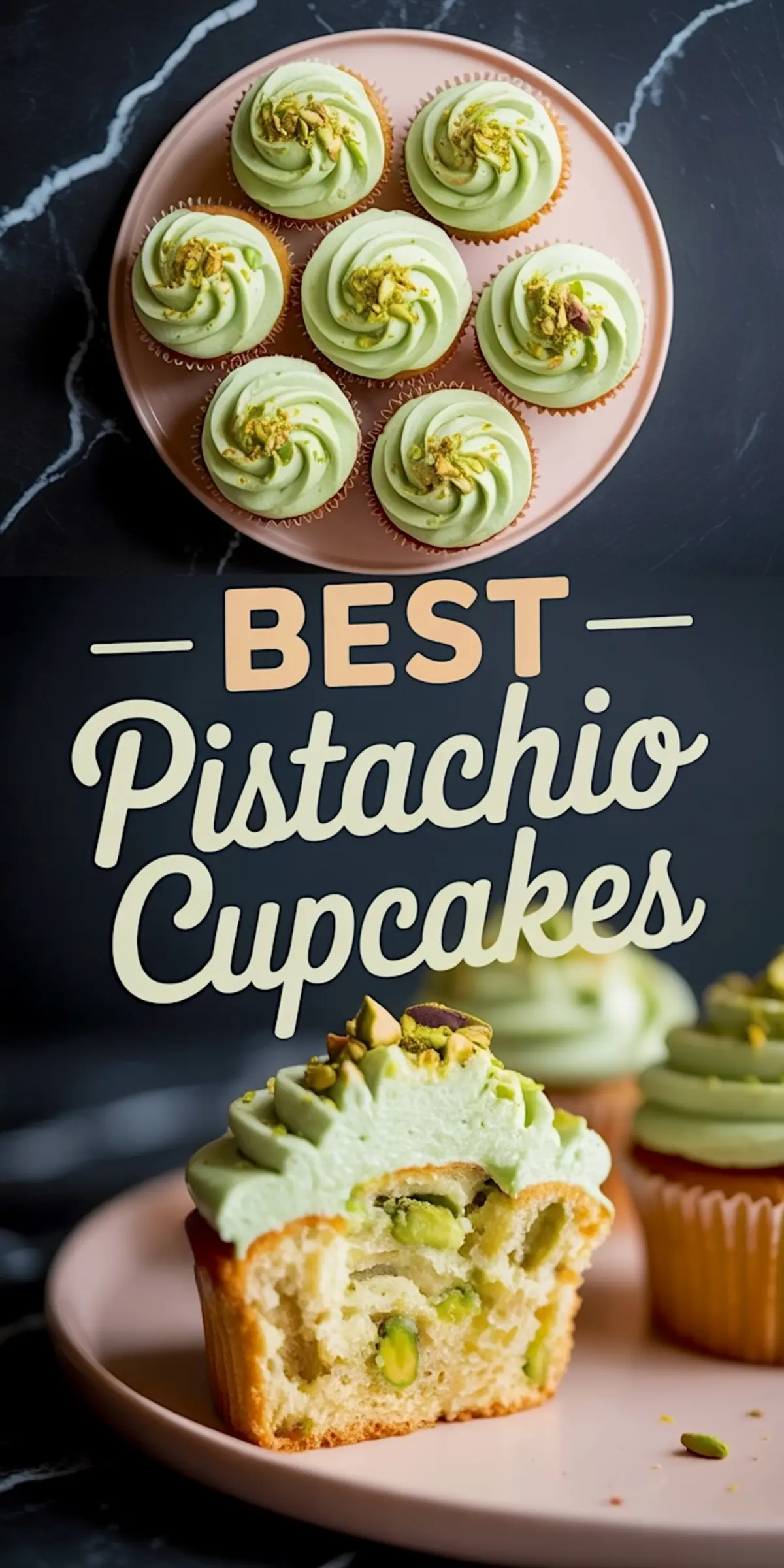 Collage showing green-frosted pistachio cupcakes on a pink plate and a close-up of a cupcake sliced in half revealing chopped pistachios inside the fluffy yellow crumb, with text overlay reading “Best Pistachio Cupcakes.”