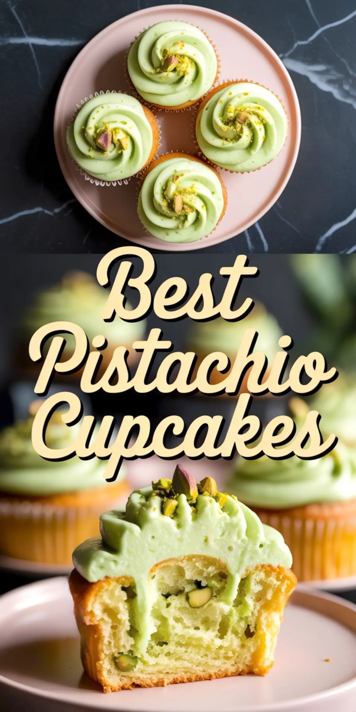 Collage image featuring a top-down view of frosted pistachio cupcakes arranged in a circle on a blush pink plate and a close-up of a halved cupcake with light green pistachio buttercream and nut-studded crumb, labeled “Best Pistachio Cupcakes.”