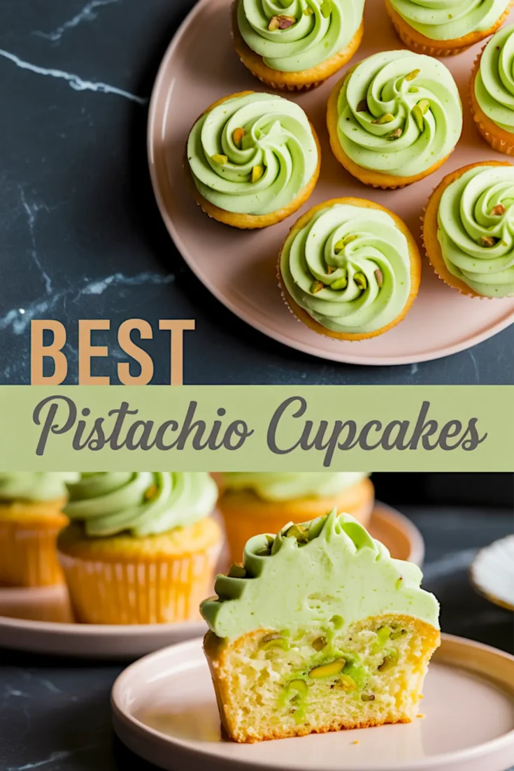 Collage showing a plate of pistachio cupcakes topped with pale green buttercream and crushed pistachios, paired with a close-up of a sliced cupcake showing chopped pistachios baked into the moist yellow cake, with overlay text “Best Pistachio Cupcakes.”